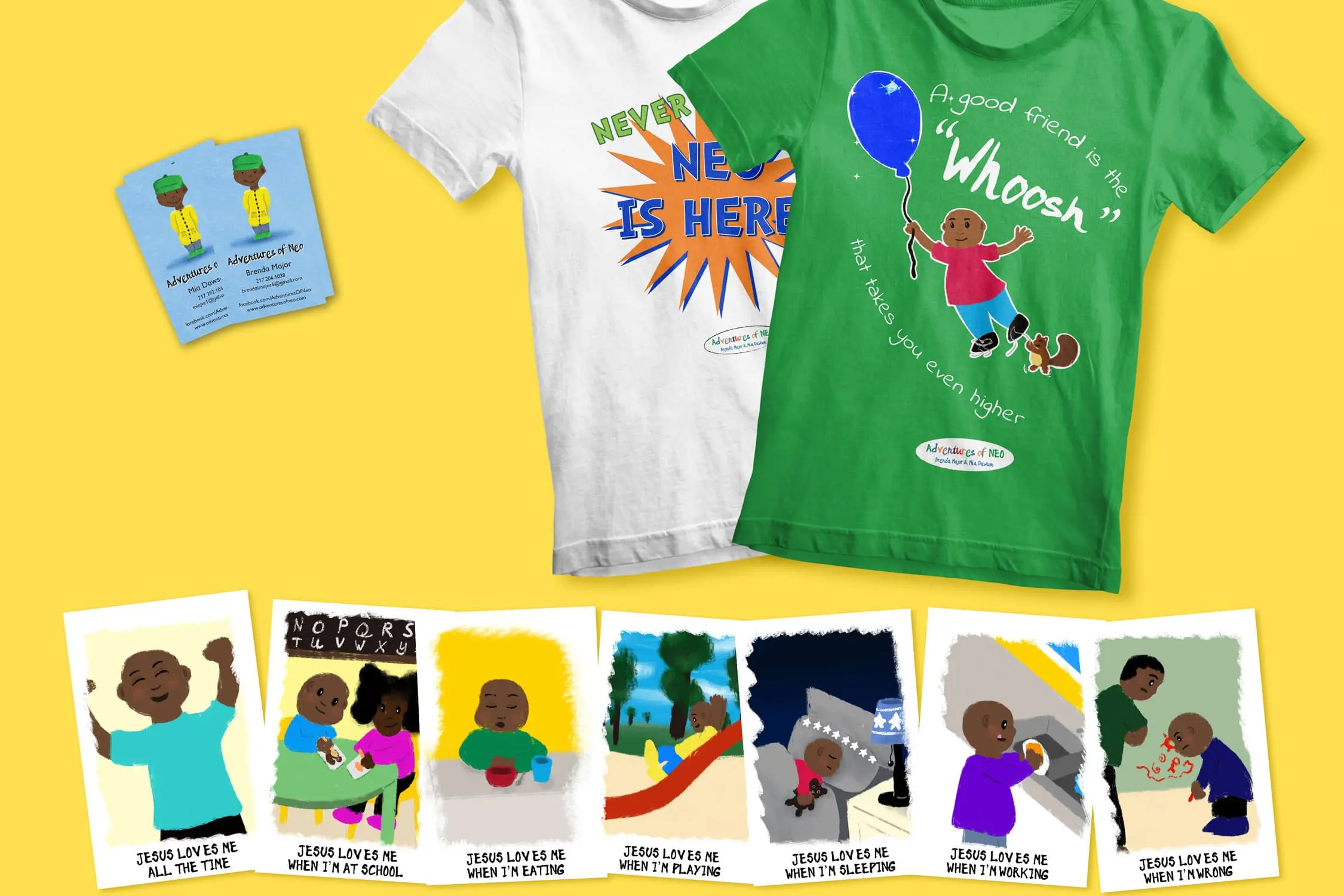 adventures of neo t-shirts, business cards, and postcards