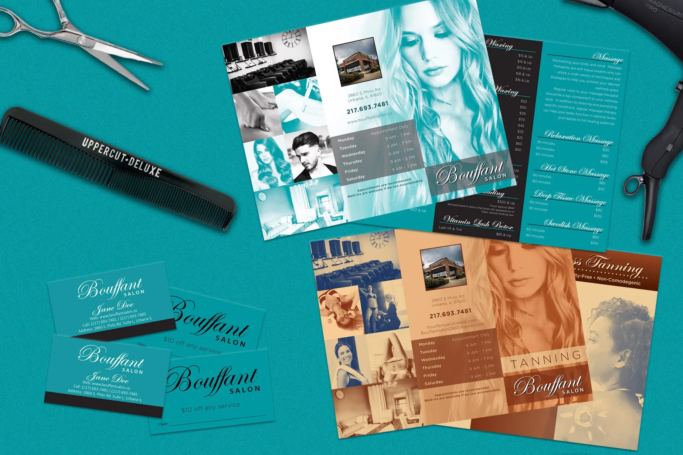 bouffant salon brochures, business cards, and referral cards with a comb, scissors, and a hairdryer on a table