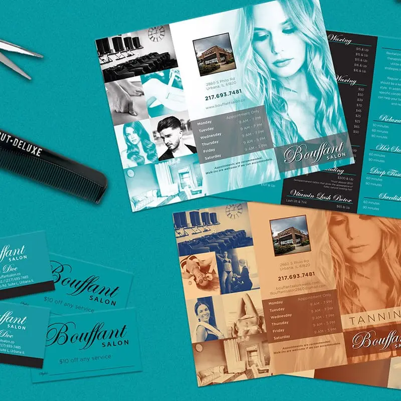 bouffant salon appointment cards and brochures