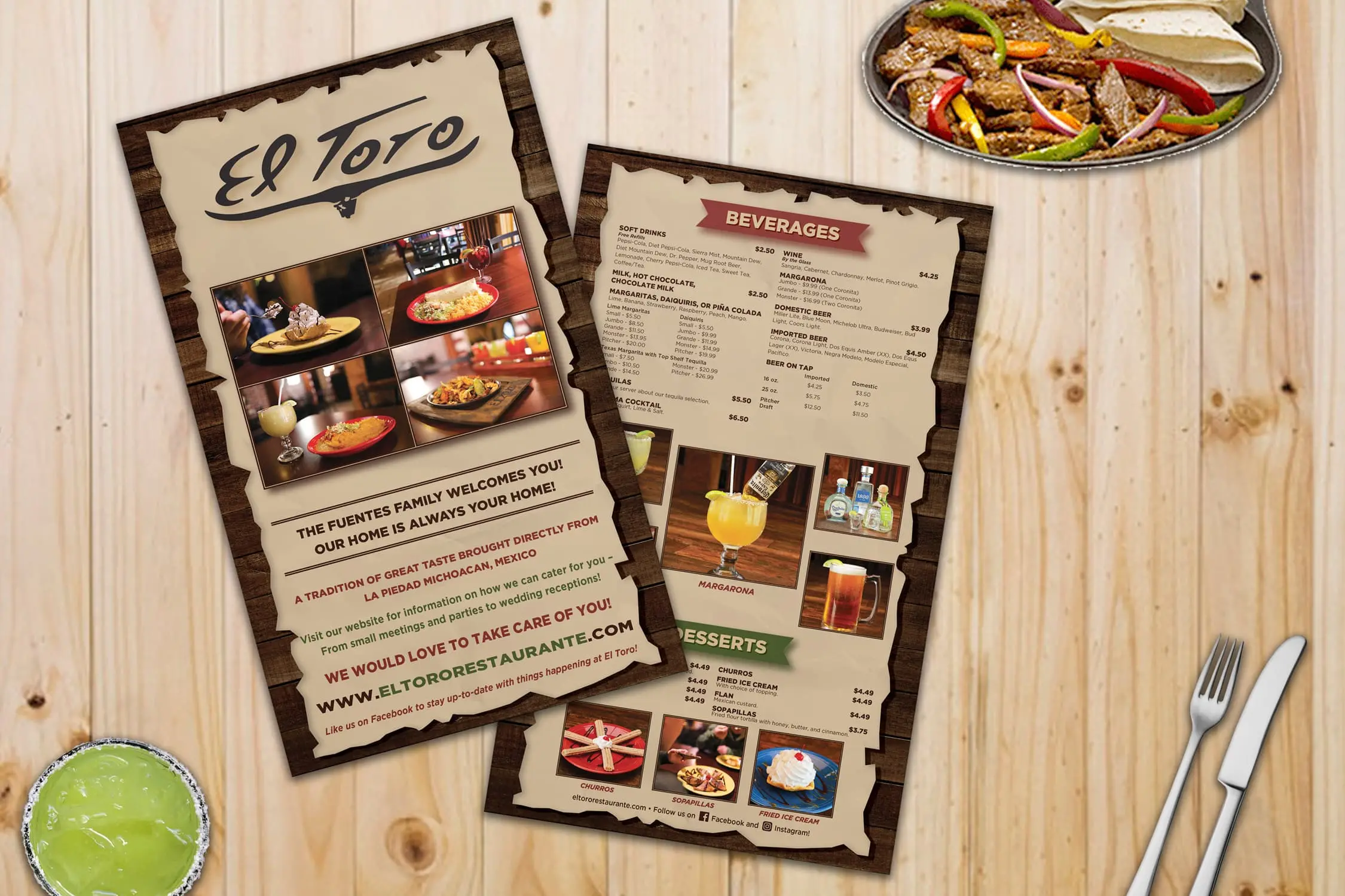 el toro menus with a margarita, fajitas, and silverware on a table