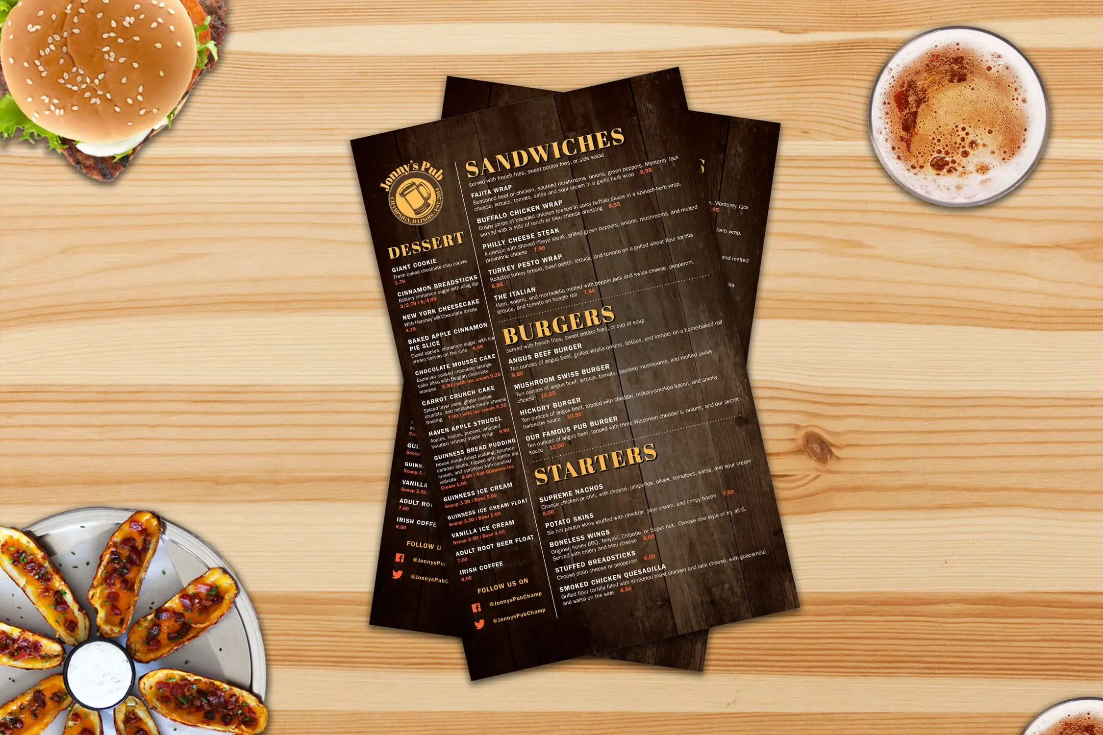jonny's pub menus with burgers, beer, and potato skins on a table