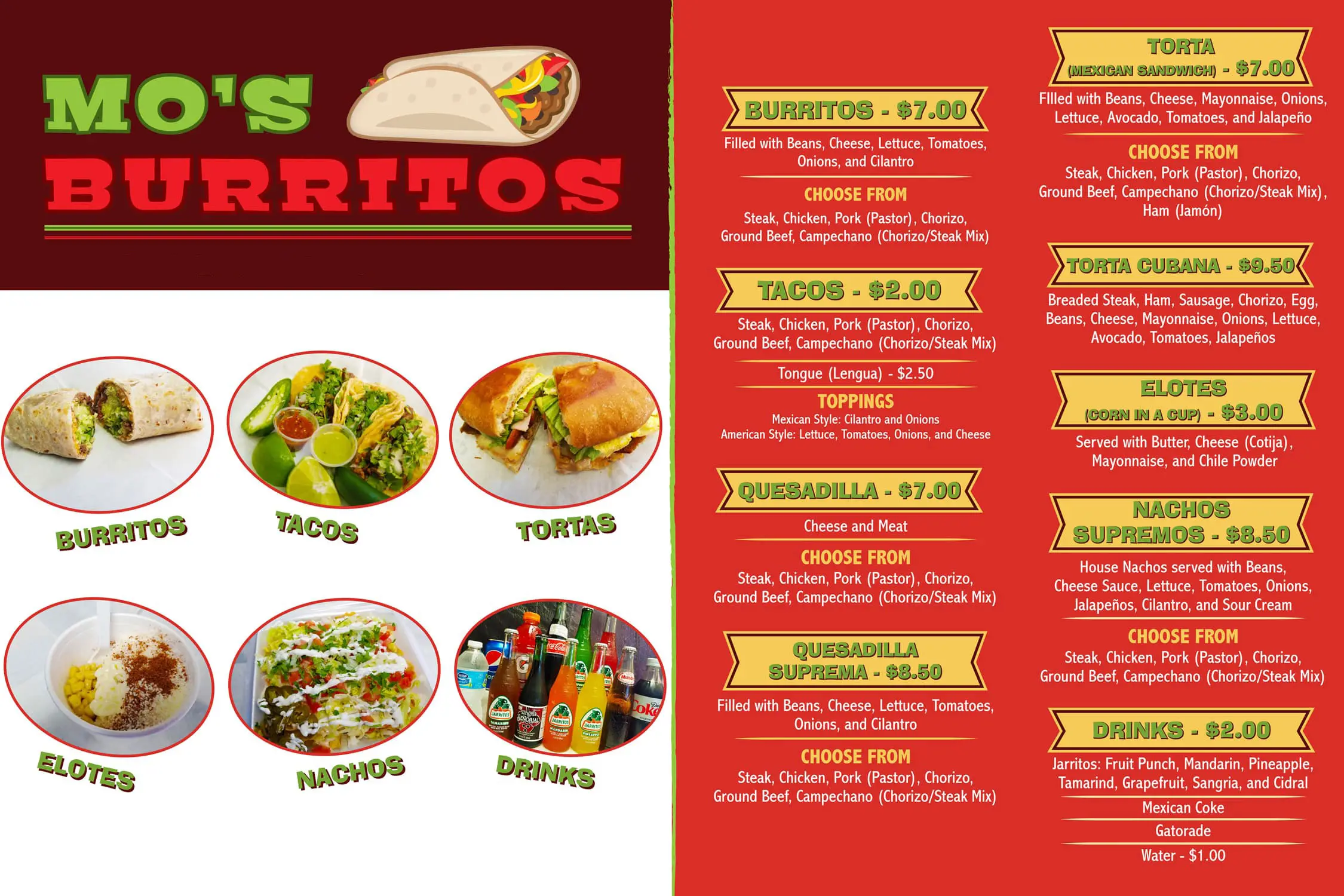 mo's burritos menu board