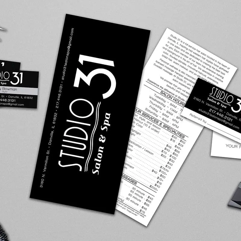 studio 31 rack cards, referral cards, and business cards